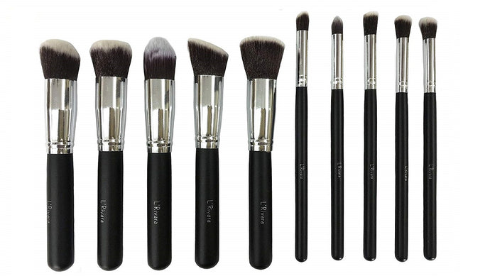 L'Rivara 10 Piece Makeup Brush Set Model LR-104 (Black + Silver)